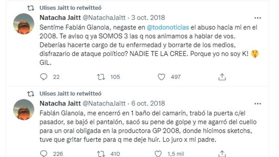 Denuncia Natacha Jaitt contra Fabian Gianola