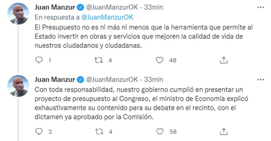 Tweet de Juan Manzur sobre el debate del Presupuesto 2022
