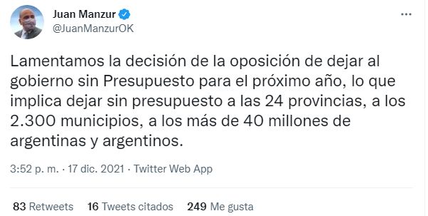 Tweet de Juan Manzur sobre el debate del Presupuesto 2022