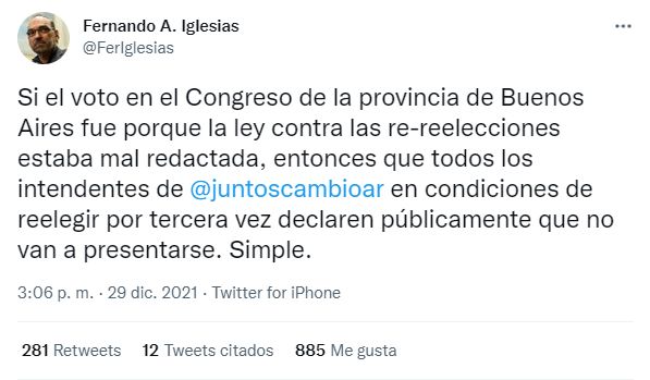 Tweet de Fernando Iglesias contra re-reelecciones 3