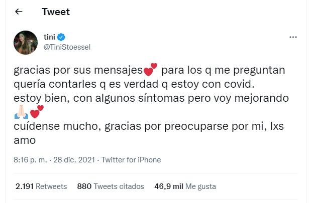 Tini Stoessel habló de su salud tras contraer covid-19: 