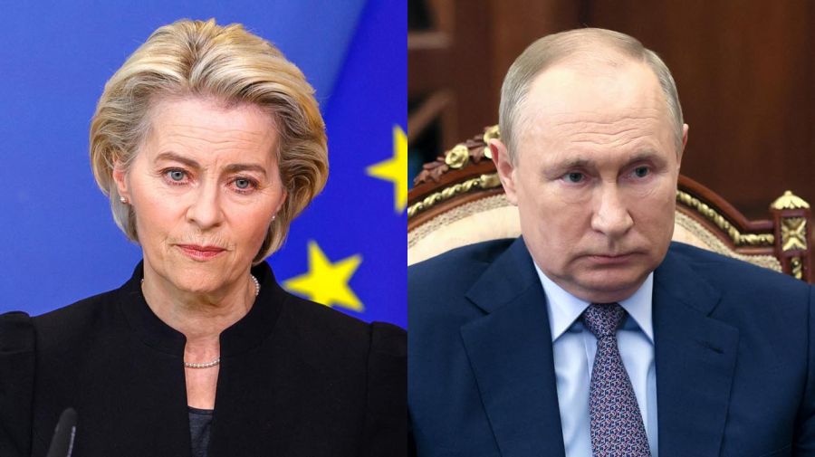 La presidenta de la Comisión Europea, Ursula von der Leyen, y Vladimir Putin. 20220120