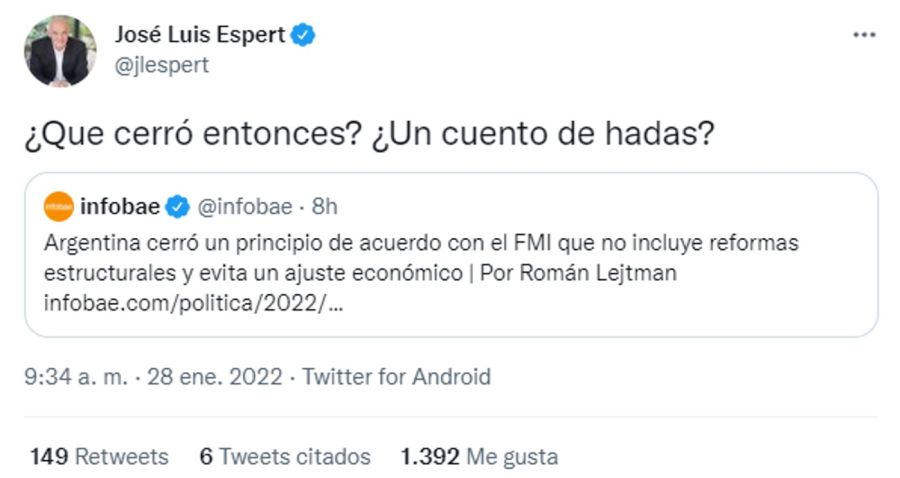 El Tweet de Espert sobre el acuerdo con el FMI