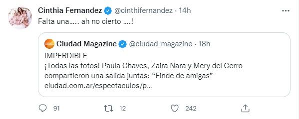 Cinthia Fernández ironizó sobre la ausencia de la China Suárez en una juntada de amigas