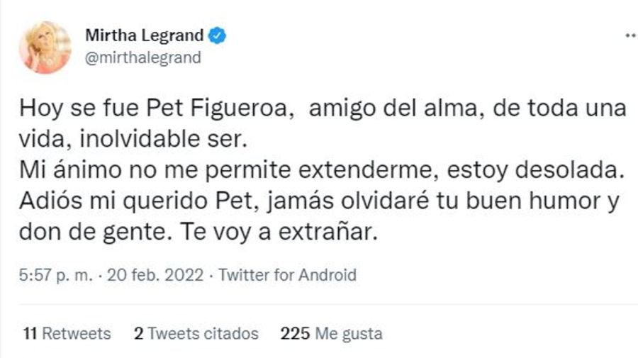 Mirtha Legrand mensaje muerte Pet Figueroa