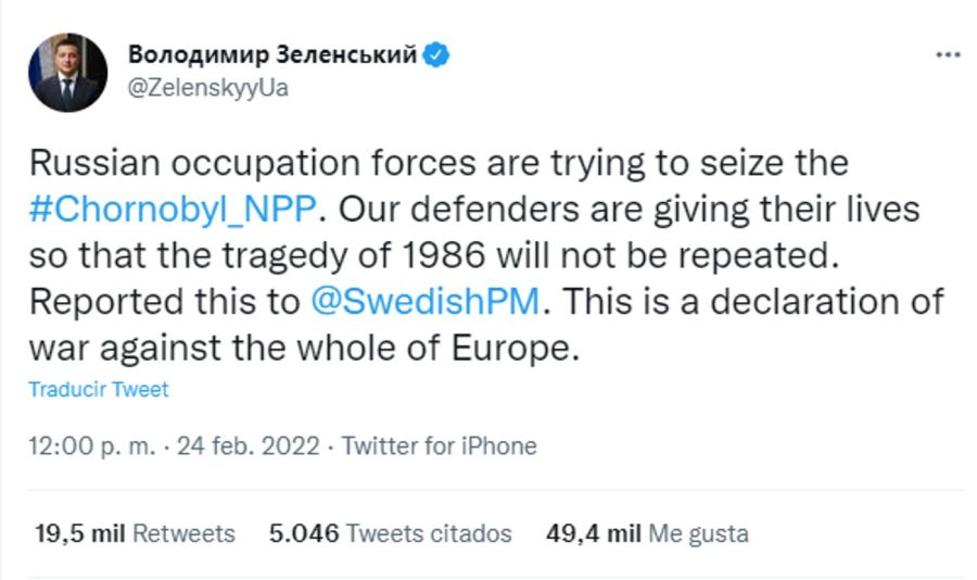 Tweet del presidente de Ucrania, Volodymyr Zelenski 20220224