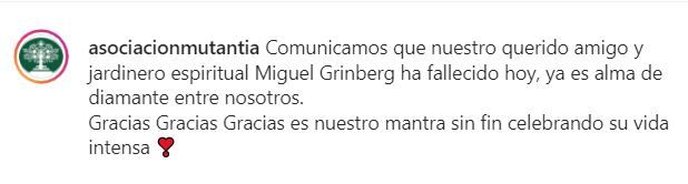 El comunicado que confirma la muerte de Miguel Grinberg.