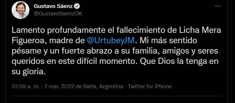 Murió la madre del exgobernador Juan Manuel UrtubeyMurió la madre del exgobernador Juan Manuel Urtubey