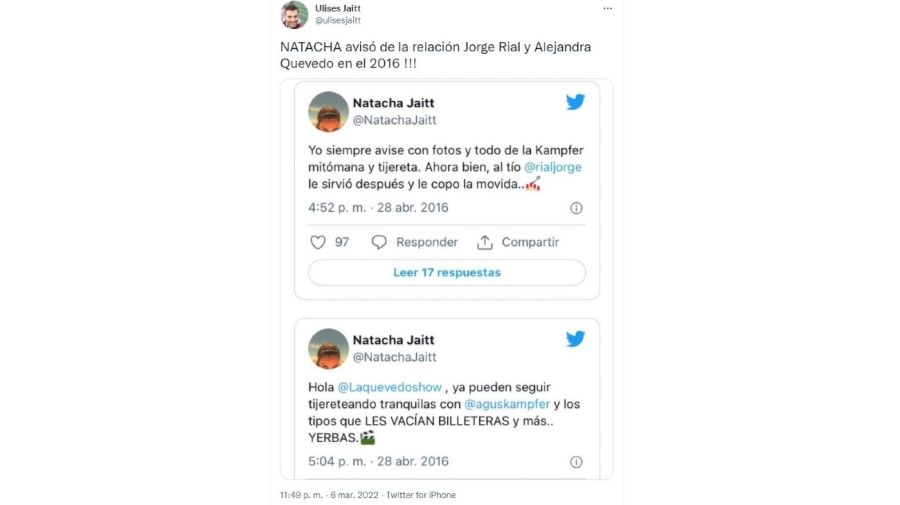 Natacha Jaitt mensaje Alejandra Quevedo, Jorge Rial y Agustina Kampfer