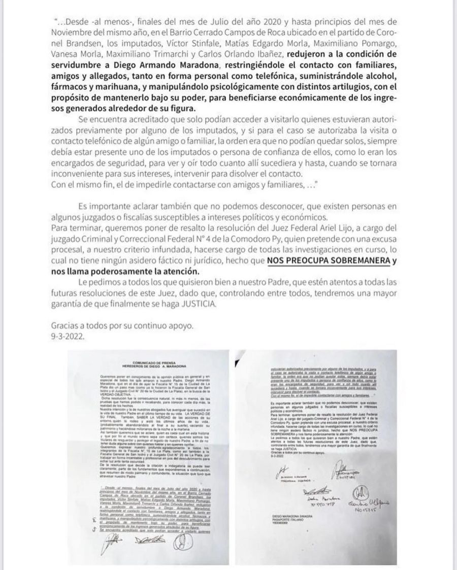 Dalma, Gianinna y Dieguito Fernando enviaron un comunicado sobre el caso Maradona
