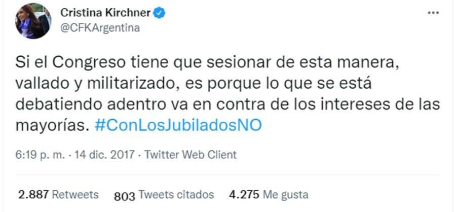 Tweet de Cristina Kirchner por la reforma previsional 20220310