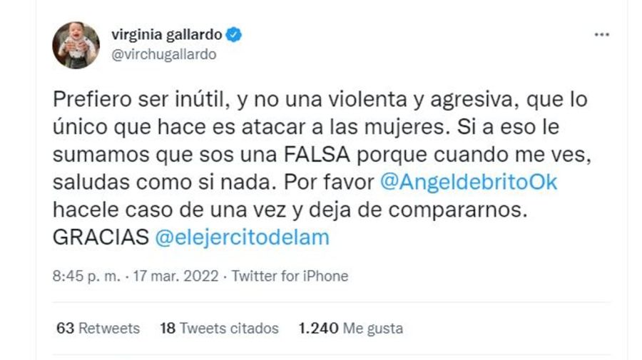 Mensaje Virginia Gallardo contra Yanina Latorre