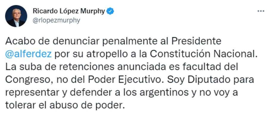 Tweet de Ricardo López Murphy 20220321