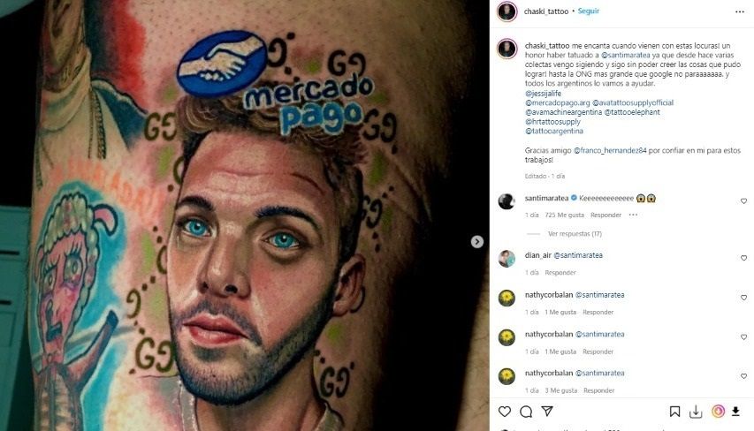 La reacción de Santi Maratea al ver que un seguidor se tatuó su cara