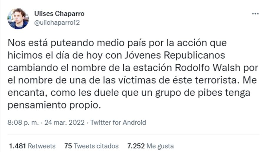 Tweet de Ulises Chaparro, de Jóvenes Republicanos 20220325