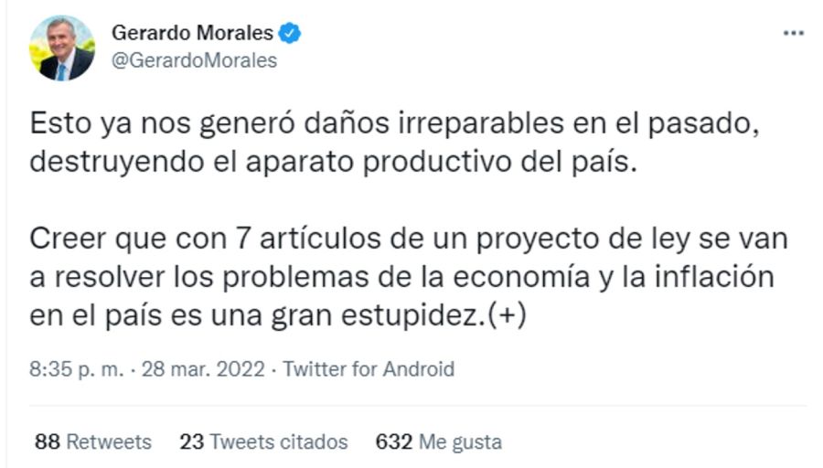 Tweet de Gerardo Morales sobre la dolarización 20220329