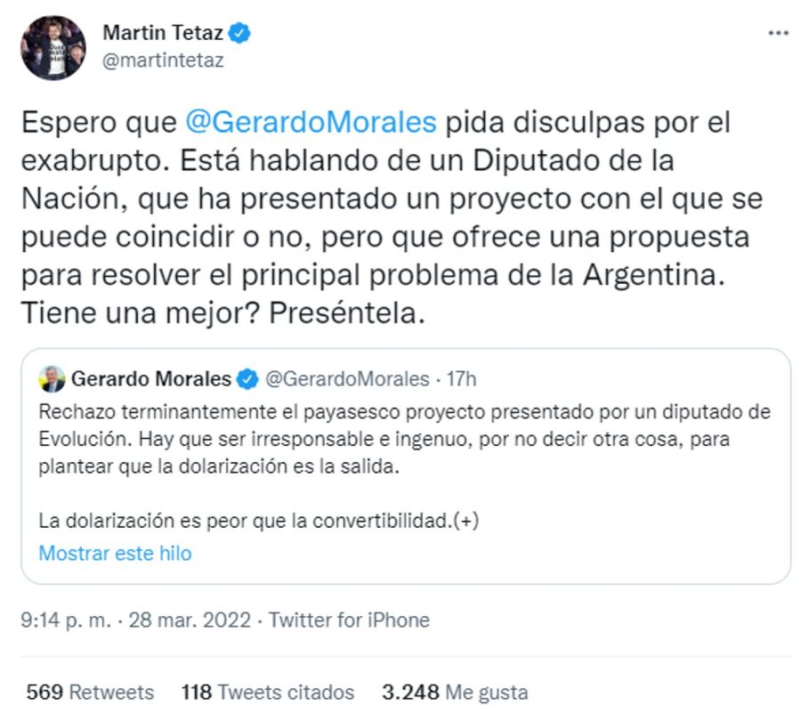 Tweet de Martín Tetaz contra Morales 20220329