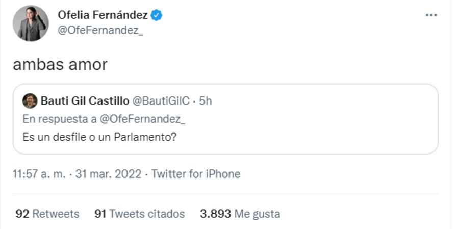 Tweet de Ofelia Fernández en la Legislatura 20220331