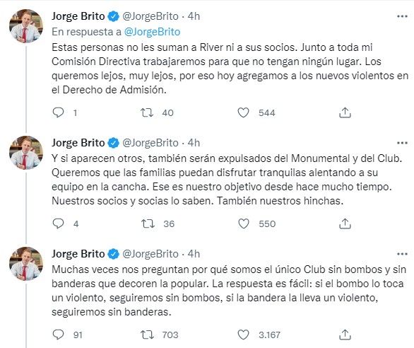 Tweet de Jorge Brito contra la barra de River 20220404
