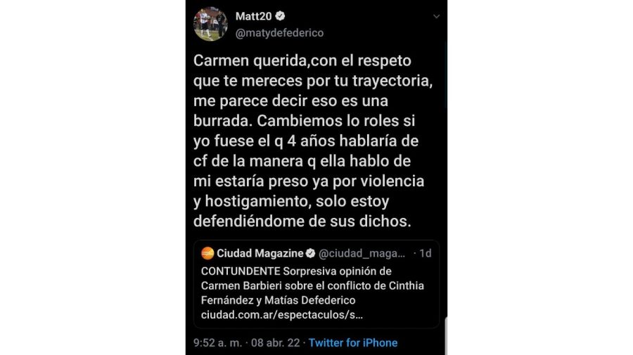 Tuit Matías Defederico para Carmen Barbieri