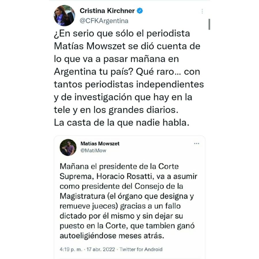 Cristina Kirchner volvió a criticar a la Corte Suprema, 