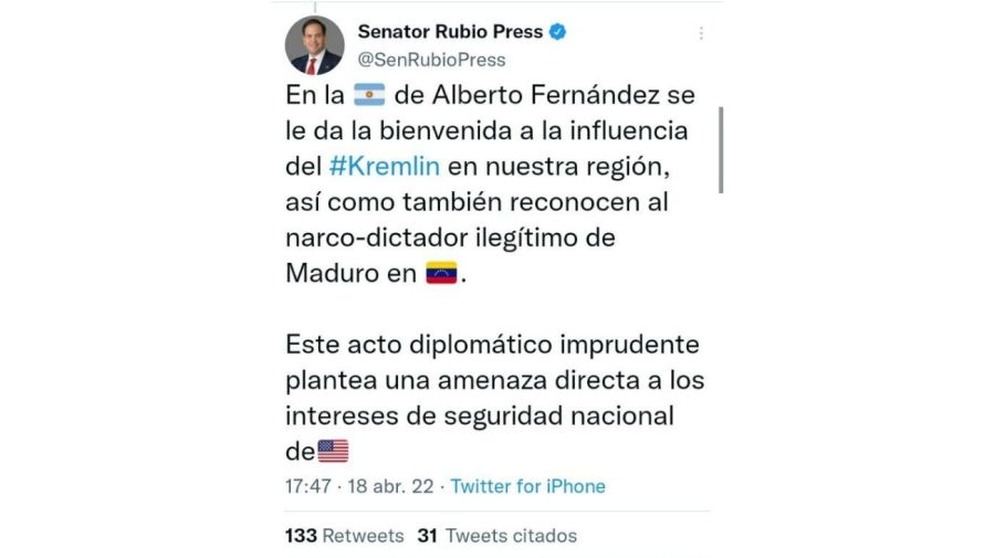 Senador estadounidense arremetió contra Alberto Fernández por acercarse al 