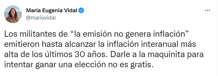 El mensaje de María Eugenia Vidal por la inflación.