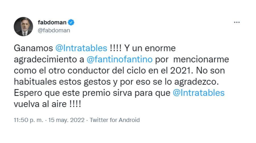 Fabián Doman tuit Martín Fierro 2022