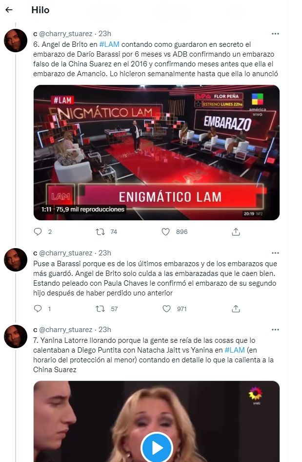 El hilo de Twitter sobre la China Suárez que mandó al frente a Ángel de Brito y Yanina Latorre