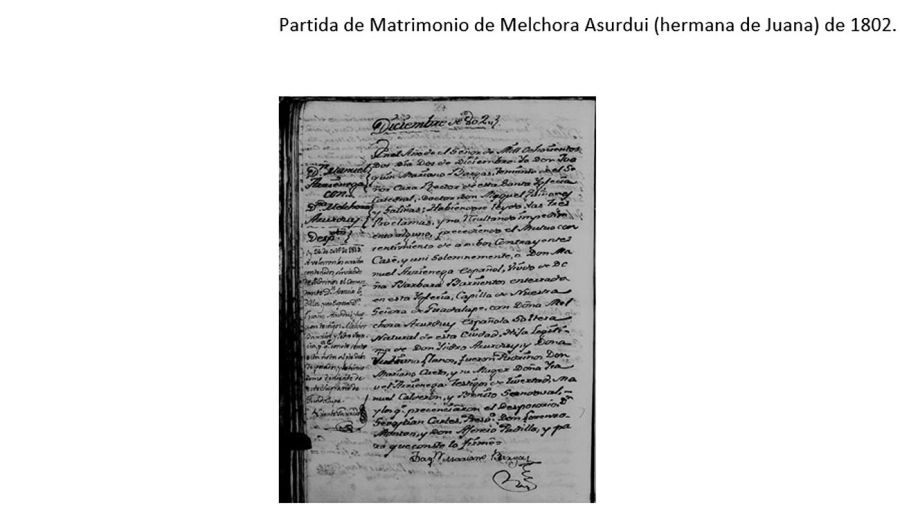 Partida de Matrimonio de Melchora Asurdui (hermana de Juana) de 1802 20220526