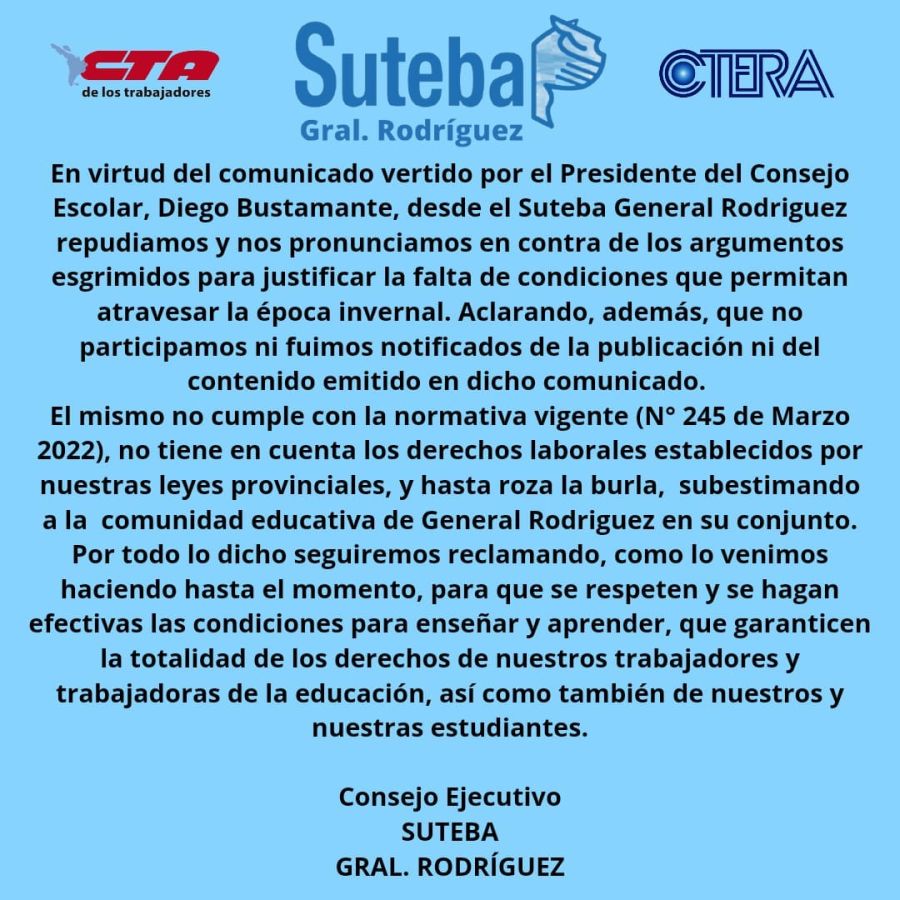 El comunicado de Suteba contra el Consejo Escolar de General Rodríguez.