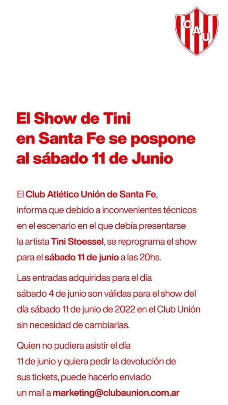 Cancelan el show de Tini de en Santa Fe: “Perdón por esto”