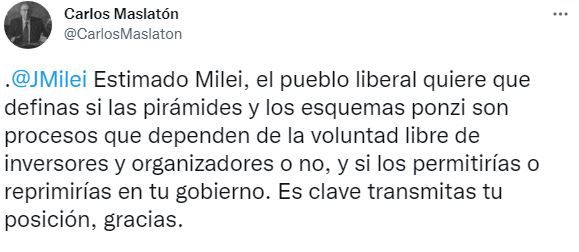 El mensaje de Maslatón contra Milei en Twitter.
