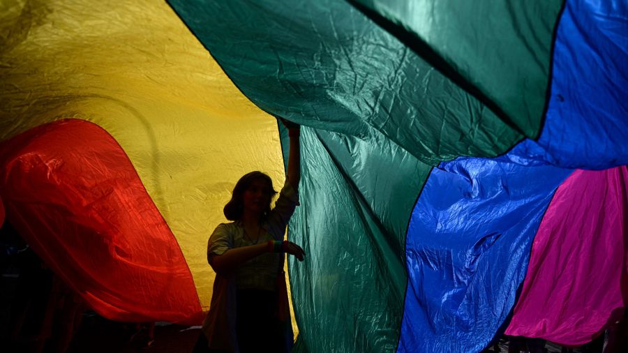 Fotogaleria Una mujer es vista bajo una bandera gigante durante el desfile anual del Orgullo Gay también conocido como 