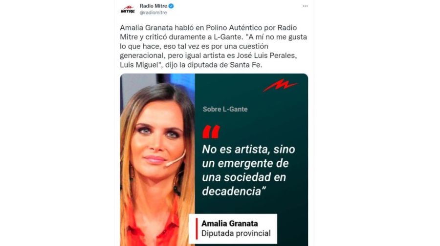 Tuit de Radio Mitre sobre Amalia Granata y L- Gante