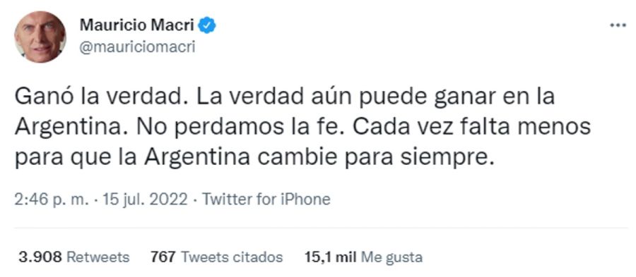 El mensaje de Mauricio Macri tras su sobreseimiento 20220715