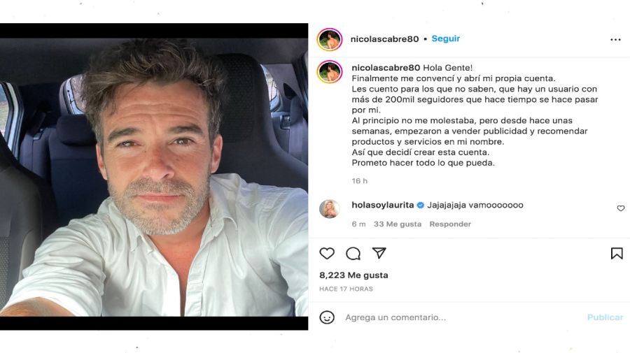 Nicolás Cabré en Instagram y el mensaje de Laurita Fernández