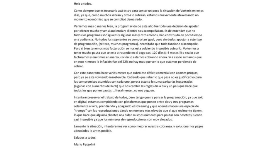 Supuesta carta Mario Pergolini Vorterix