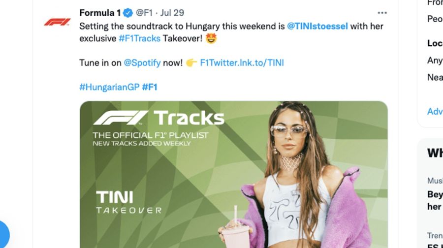 Tini Stoessel, la elegida de la playlist oficial de la Fórmula 1 
