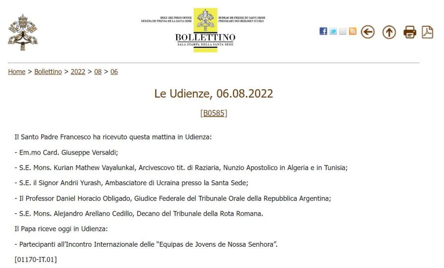 El comunicado del Vaticano 20220806