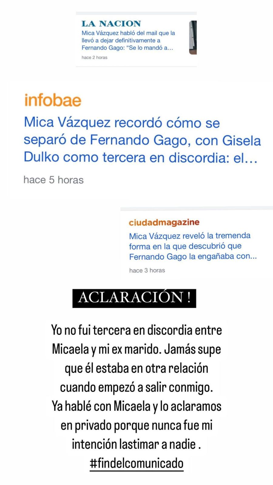 Gisela Dulko hizo su descargo tras ser señalada como la tercera en discordia entre Fernando Gago y Mica Vázquez