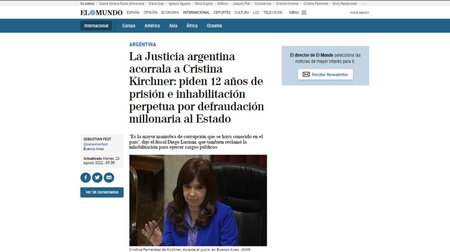 20220823 Medios de distintos países reflejaron el pedido de prisión a Cristina Fernández de Kirchner