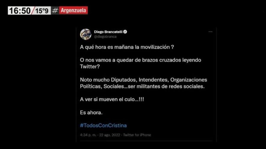 Tuit Diego Brancatelli por Cristina Kirchner