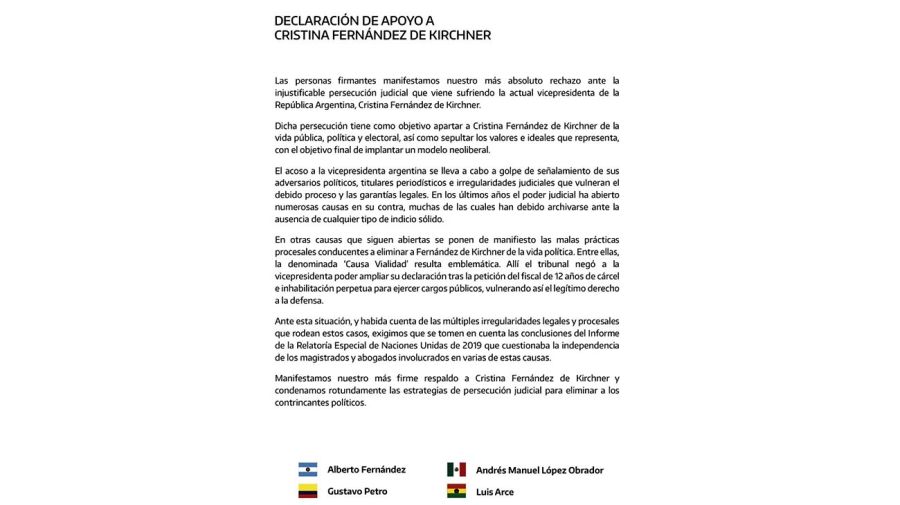 Declaracion de apoyo a Cristina Fernandez 20220824