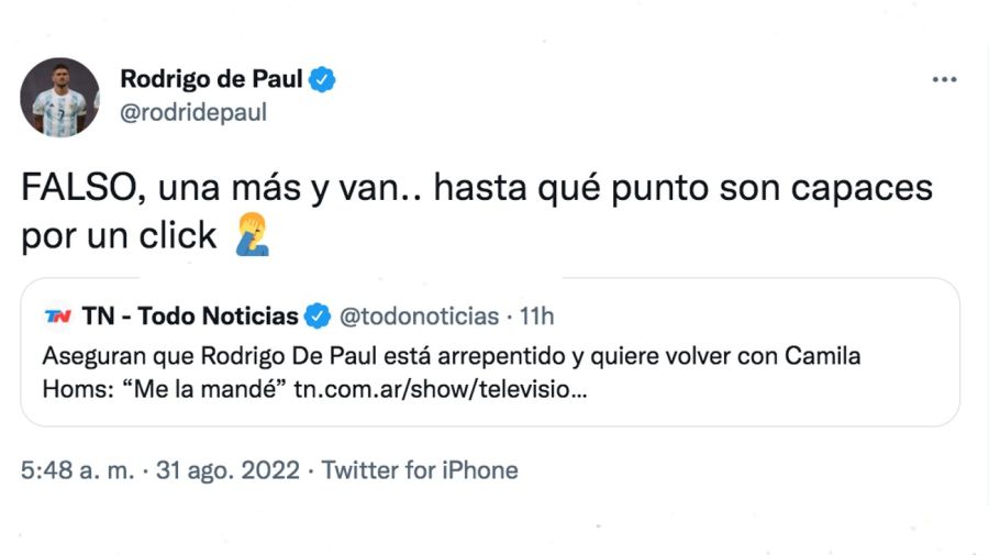 Rodrigo De Paul desmintió querer volver con camila