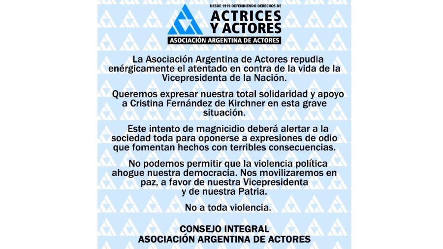 Comunicado Actores intento asesinato CFK