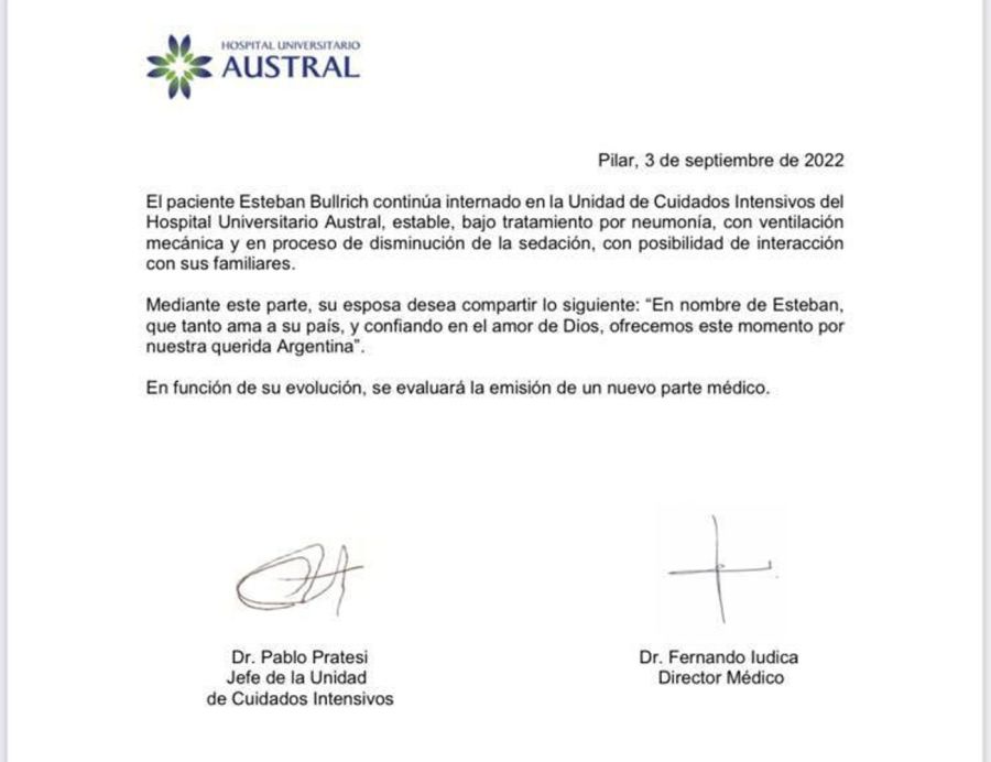 El comunicado del Hospital Austral, sobre el estado de Esteban Bullrich este sábado 3 de septiembre.