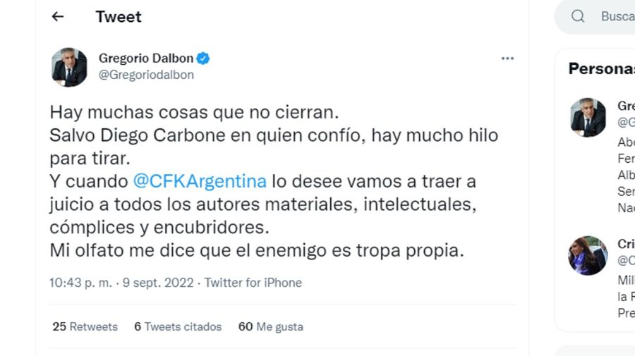 El mensaje que el Gregorio Dalbón publicó y borró en Twiter.