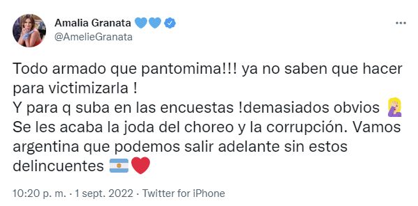 Tuit Amalia Granata contra Cristina Kirchner