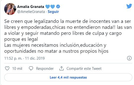Tuit de Amalia Granata contra la legalización del aborto